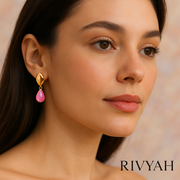 Gold Leaf & Pink Teardrop Earrings